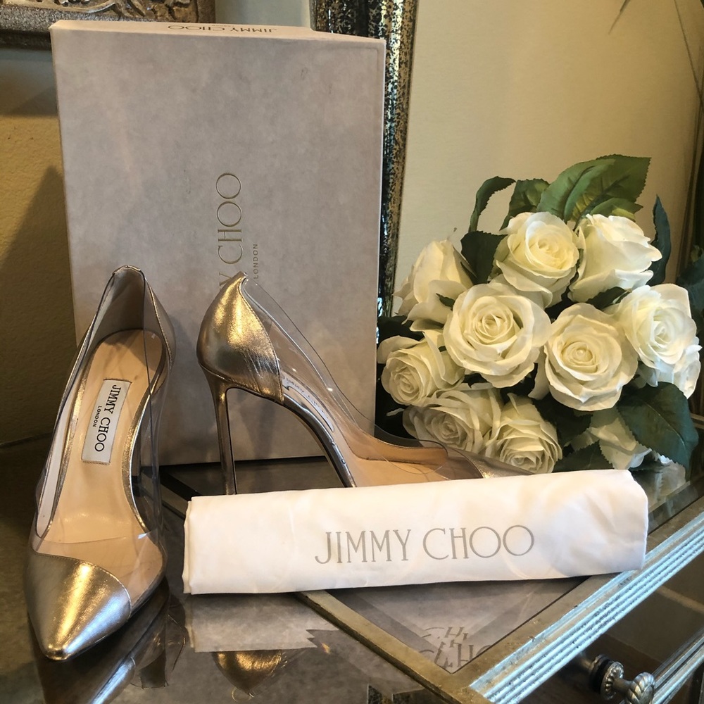 Jimmy Choo Clear and Metallic Gold Stilettos 38.5